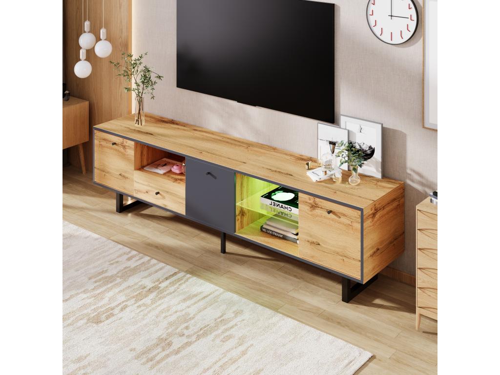 Meuble bas TV de salon avec effet de Boislisère LED cloison en verre charnière tampon design assorti aux couleurs FVET99636