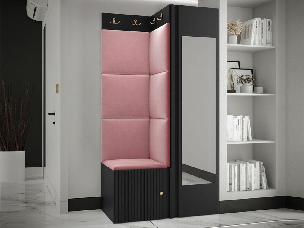 Meuble d'entrée Boislis 391 186x82x46cm Miroir Noir - Rose MDF - Stratifié - Tapisserie JTPE97741