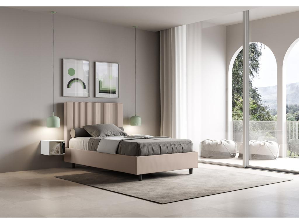Lit moderne avec tête de lit rayures verticales matelassé simili cuir Bazen-Couleur Beige-90x190-Option Avec coffre ATIG96682