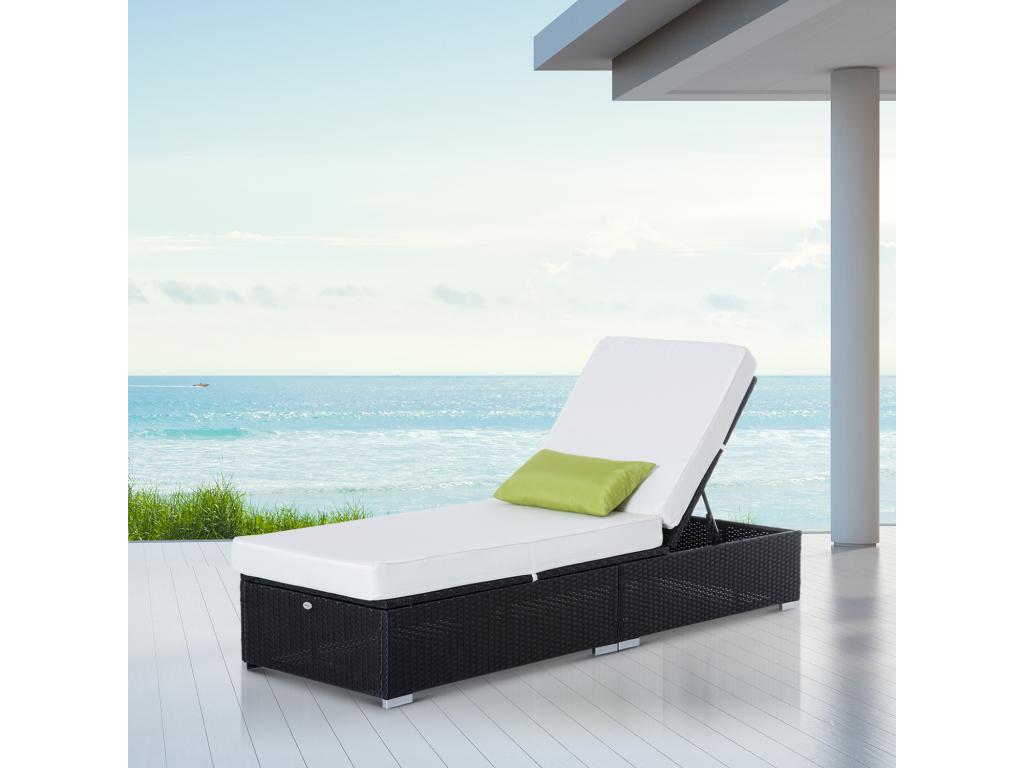 Bain de soleil transat grand confort 195L x 68l x 31H cm dossier inclinable multi-positions matelas épaisseur 10 cm crème résine tressée 4 fils noir HDVH83570