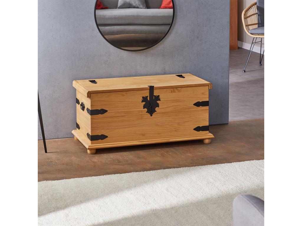 Coffre de rangement Boislis malle rectangulaire en bois style mexicain avec abattant en pin massif finition teintée et cirée MYHP67980