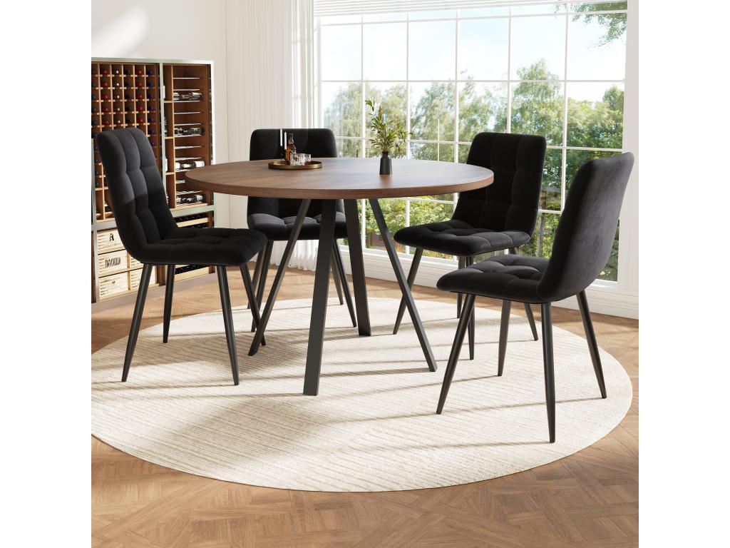 Ensemble table ronde 4 chaises en velours noir sans accoudoirs - P 80 x H 75 cm - Bois MDF - Coloris noyer RTSP15602