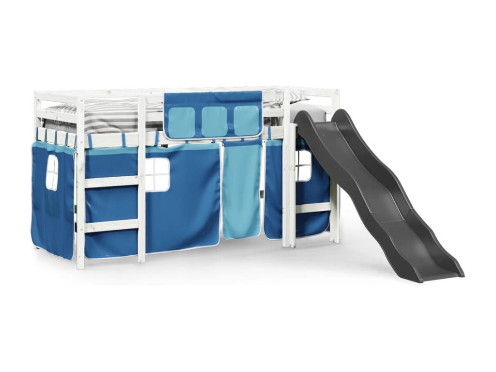 Lit mezzanine enfants et rideaux bleu 90x190cm bois pin massif KPHT85522