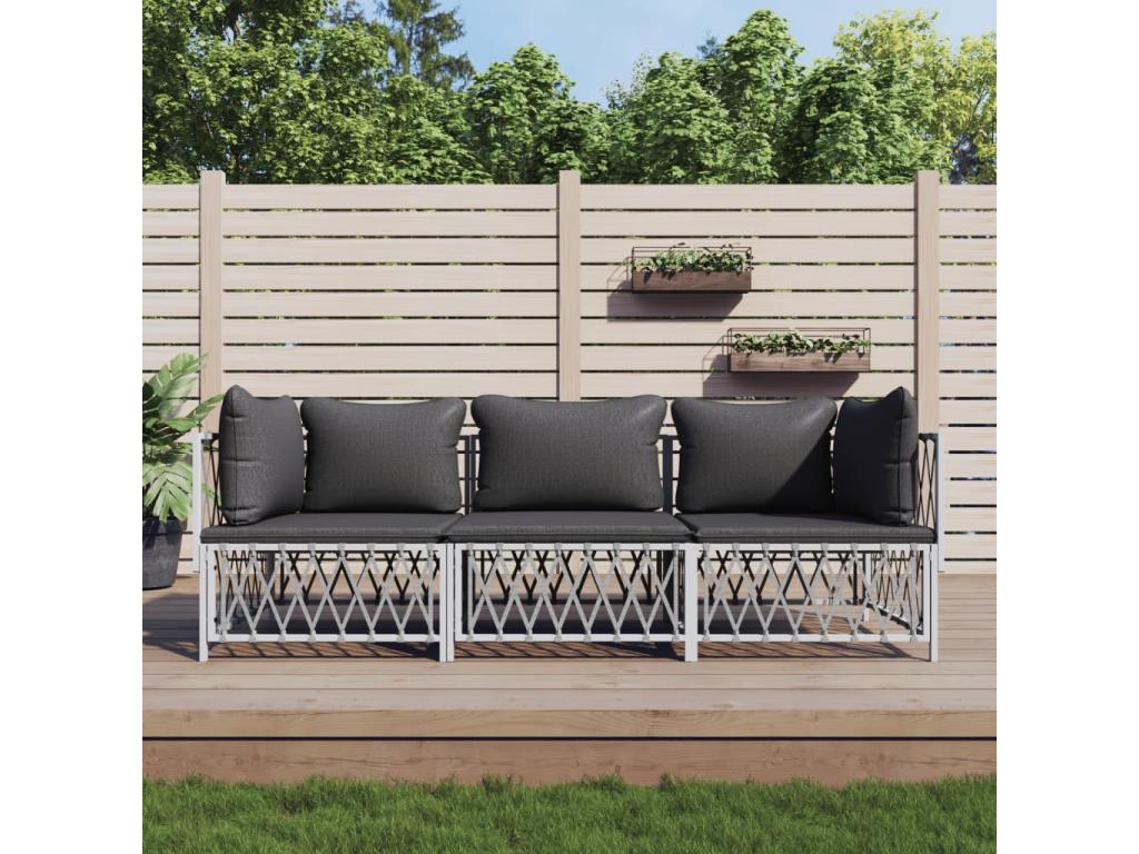 Salon de jardin avec coussins 3 pcs blanc acier SSTS74224