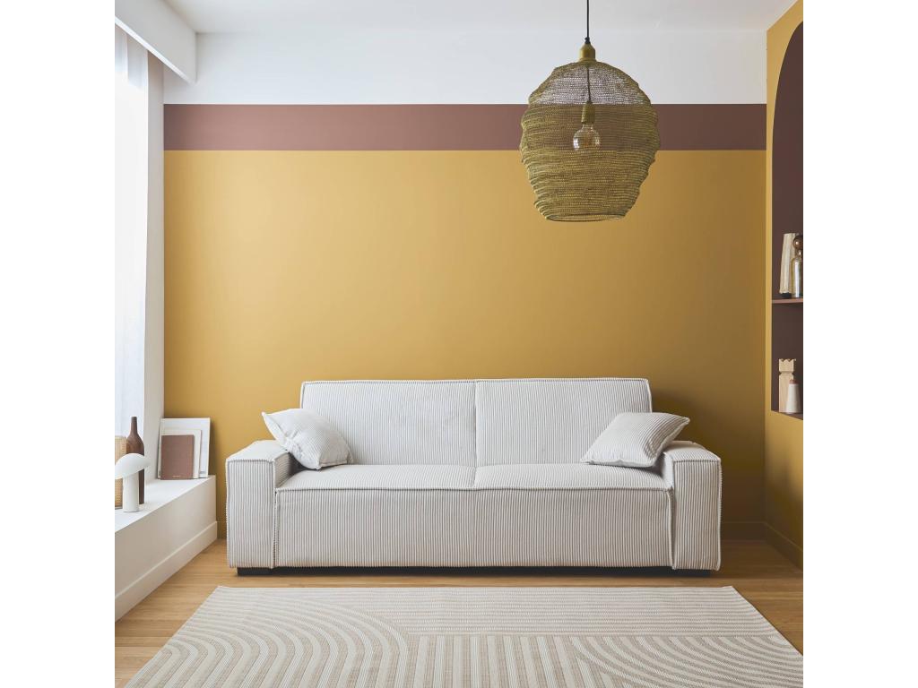 Canapé convertible 3 places blanc crème velours tricoté L 231 x P 96.5 x H 80cm RISP15542