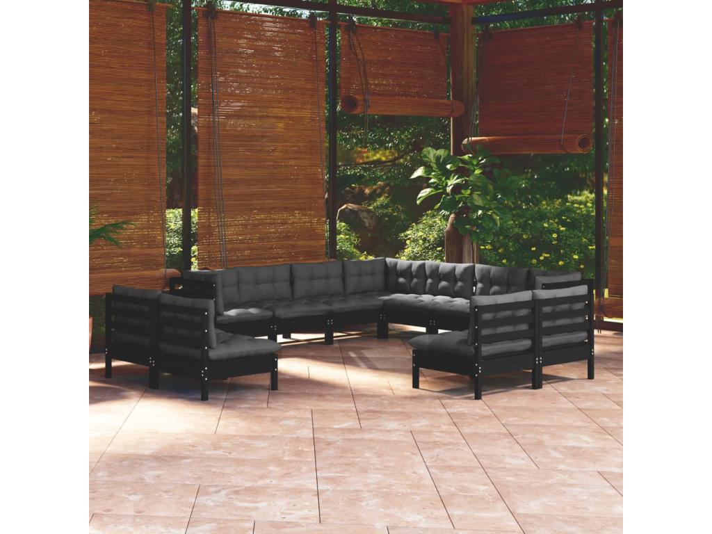 Salon de jardin 11 pièces avec coussins Noir Bois de pin solide YVZO21668