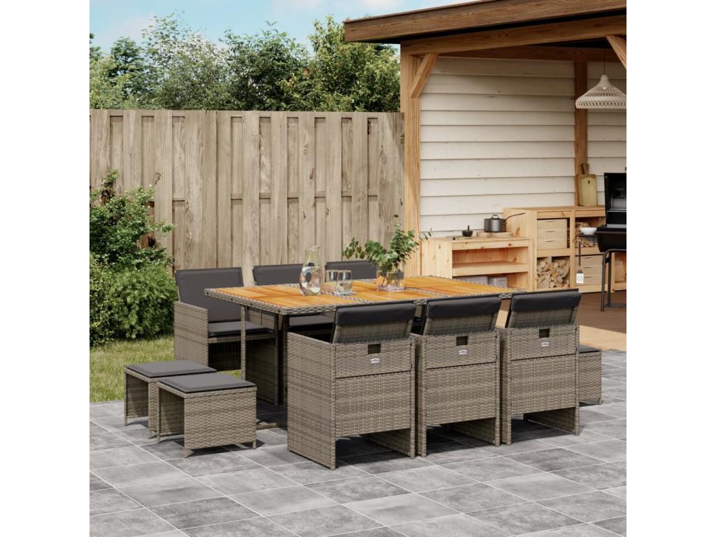 Ensemble à manger de jardin 11 pièces avec coussins gris poly rotin DIDS31811