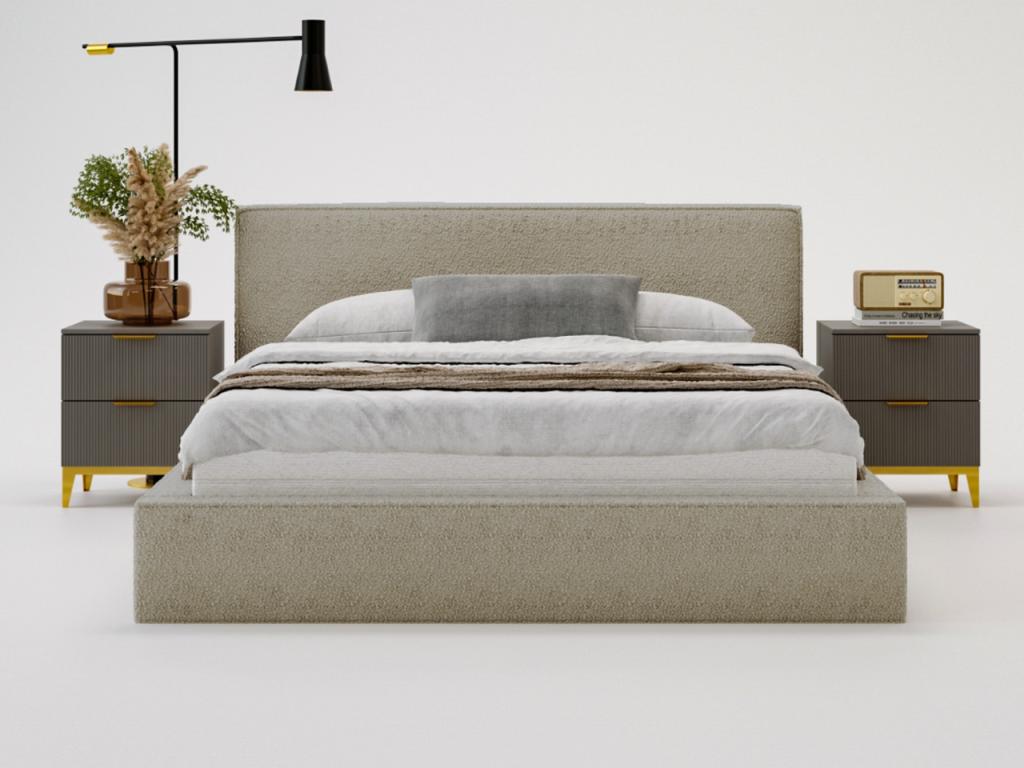 Lit rembourré avec rangement - 120x200 - lit double - bouclé - marron - Boislis ORGV59209