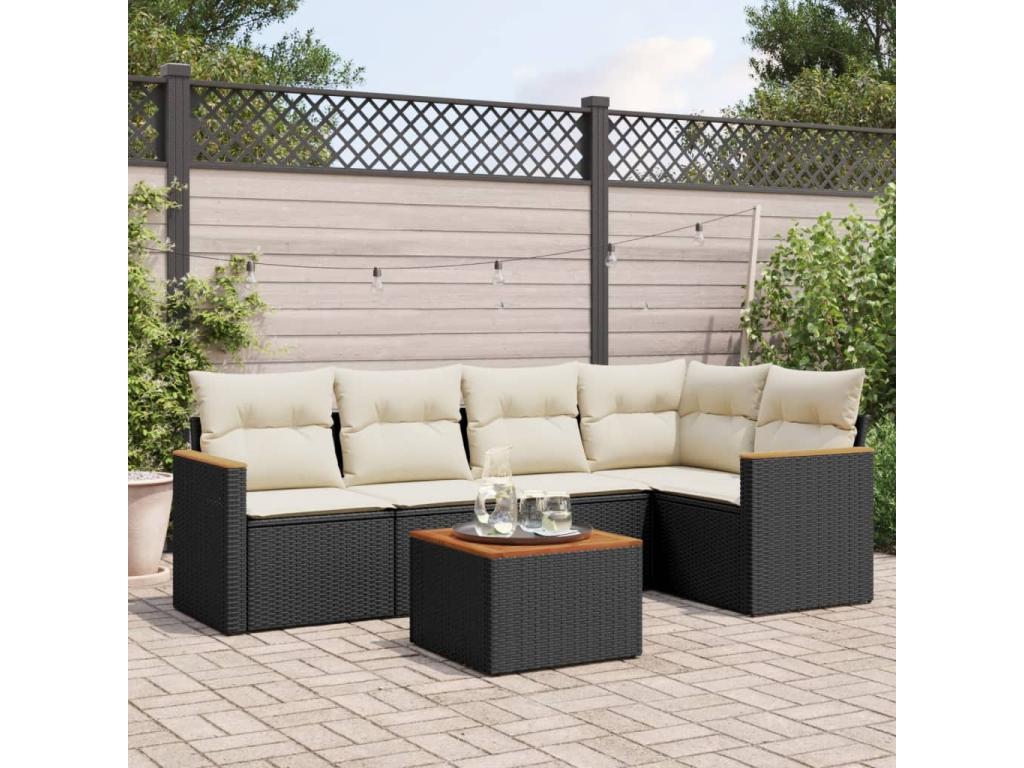 Salon de jardin 6 pcs avec coussins noir résine tressée HQVB16798
