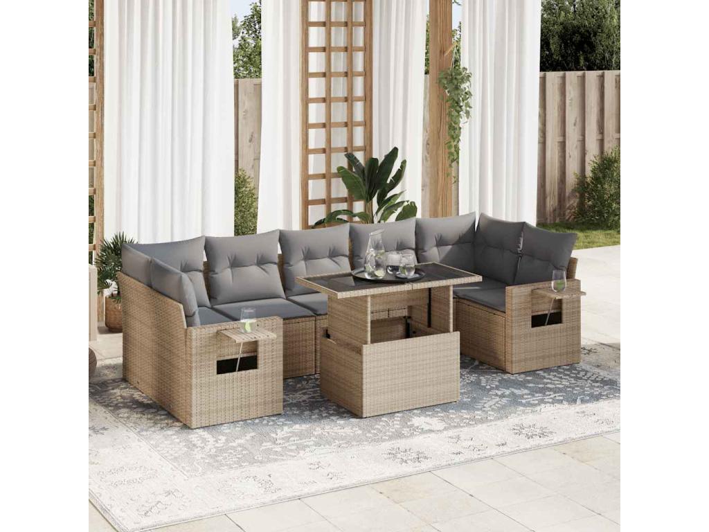 Salon de jardin avec coussins 8 pièces beige résine tressée JTAR13963