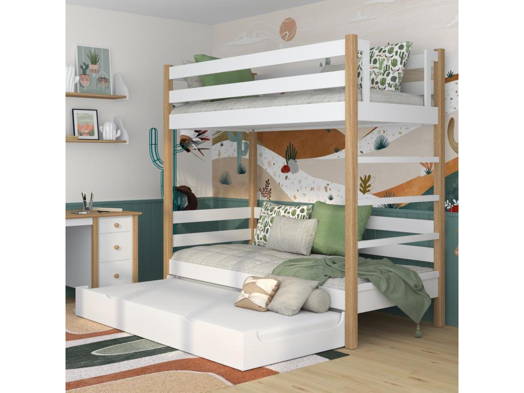 Lit superposé en bois - avec tiroir pour matelas N03 Blanc / Chêne Naturel 80x180 BJGF04287