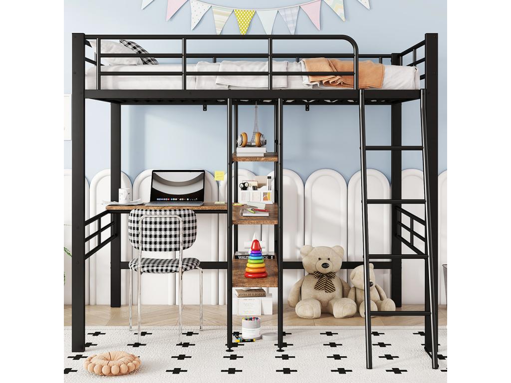 Lit en mezzanine 90x200 cm sans matelas lit avec bureau plusieurs étagères rails échelle Noir BHNP35977