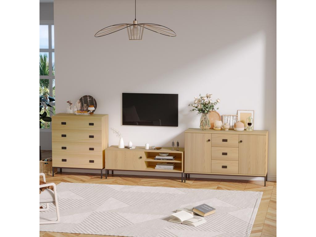 Meuble TV banc TV design industriel - porte coulissante 2 niches 2 passe-fils - piètement métal noir panneaux aspect bois clair OGFX64350