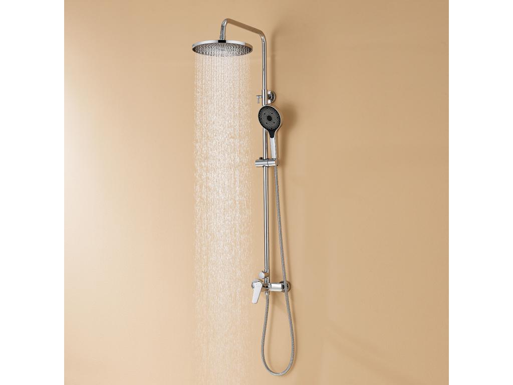Colonne de Douche Chromée avec Mitigeur réglable en Hauteur 103-139 cm avec Douchette 3 Jets Porte Serviette Salle Bain Adhésif/Perçage Brossé NJGP69091