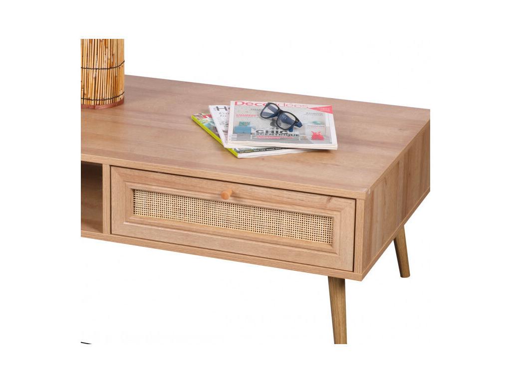 Table basse Boislis sur pieds 1 tiroir - Cannage rotin - Effet bois clair - 110x59 x H 39,5 cm CIBC66213