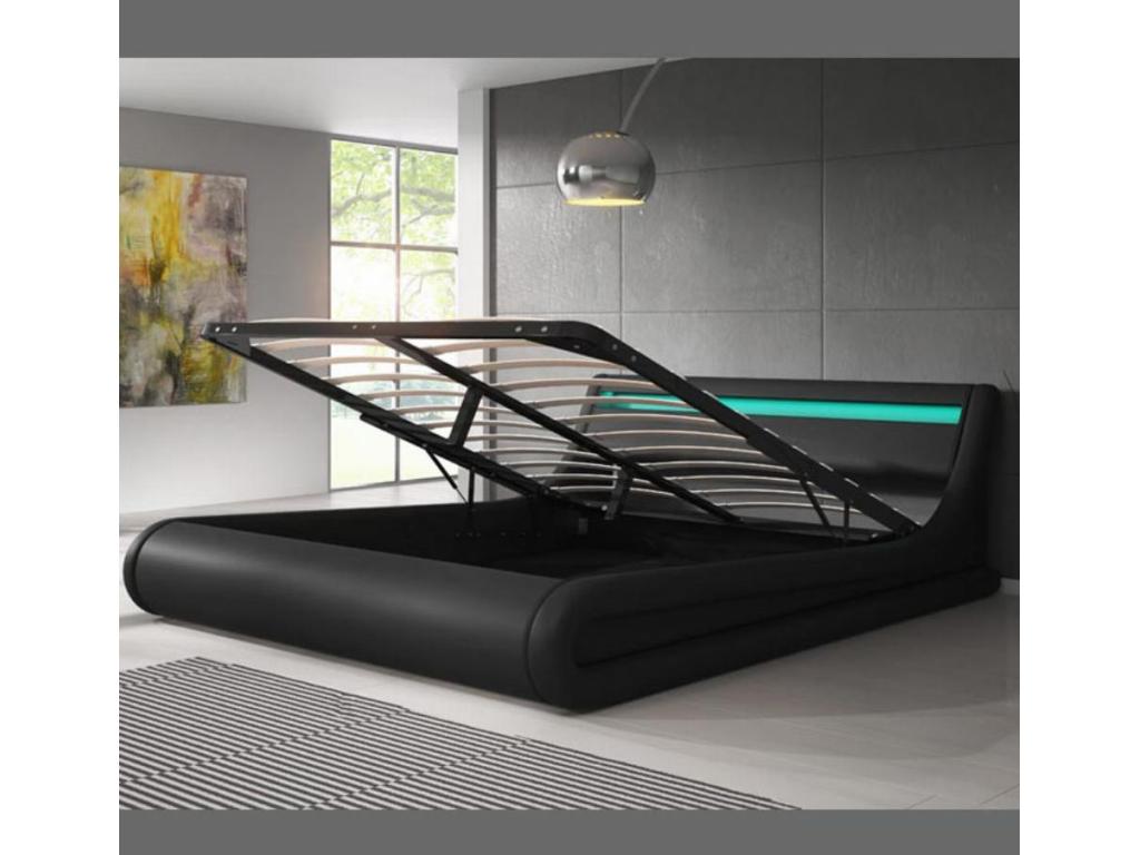Lit double avec Coffre et Matelas 160x200cm en Noir avec LED Parisina BBIL50178
