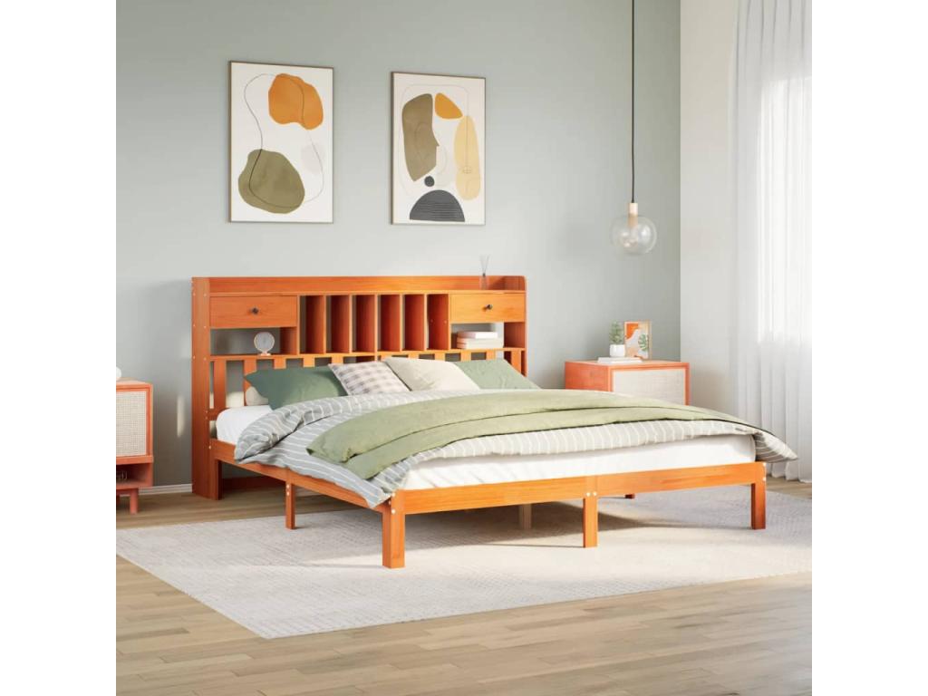 Lit bibliothèque sans matelas cire marron 180x200 cm pin massif HAZF62650
