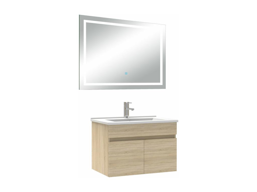 Ensemble meuble Salle de Bain 60cm Chêne Boislis simple vasque miroir lumineux 3 couleurs dimmable VYLN58237