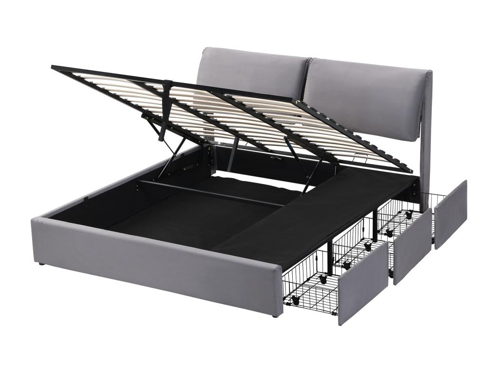 Lit coffre en velours - 160x200cm - avec 3 tiroirs - Gris sans matelas OTRS83234