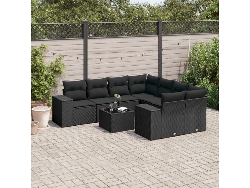 Salon de jardin 9 pcs avec coussins noir résine tressée WDJJ20962