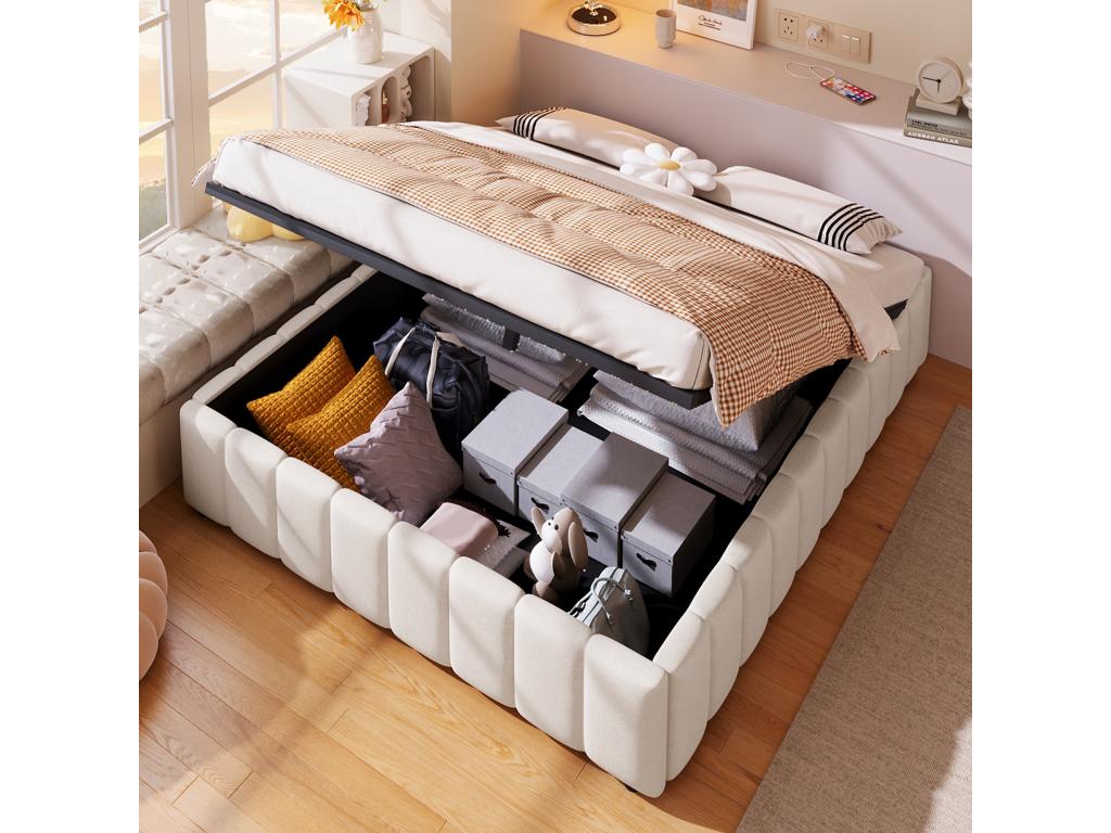 Lit coffre capitonné en lin - 140x200 cm - sans tête de lit - Beige ORCK61153