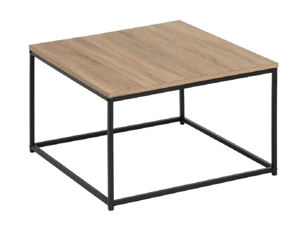Table basse carrée en panneaux de particules coloris chêne avec base en métal noir - Longueur 70 x Profondeur 70 x Hauteur 40 cm HGZB53484
