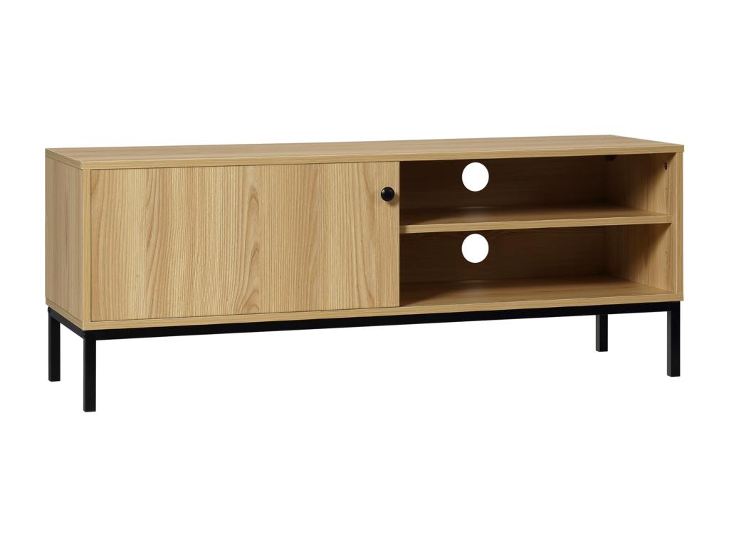 Meuble TV banc TV design industriel - porte coulissante 2 niches 2 passe-fils - piètement métal noir panneaux aspect bois clair OGFX64350