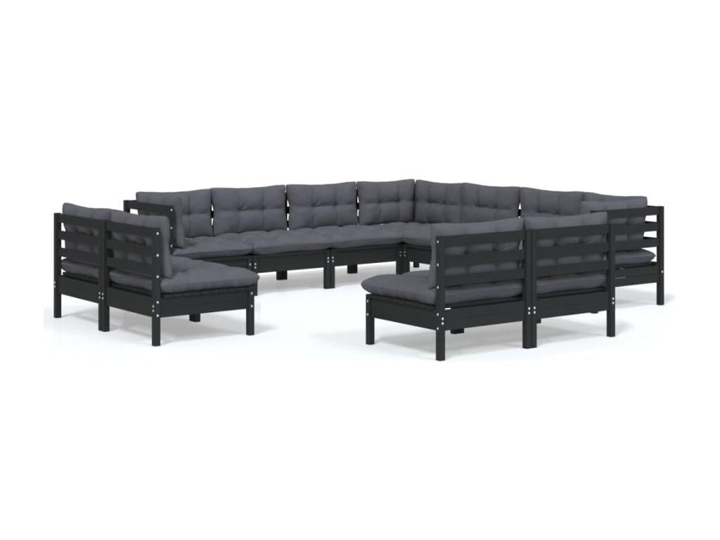 Salon de jardin 11 pièces avec coussins Noir Bois de pin solide YVZO21668