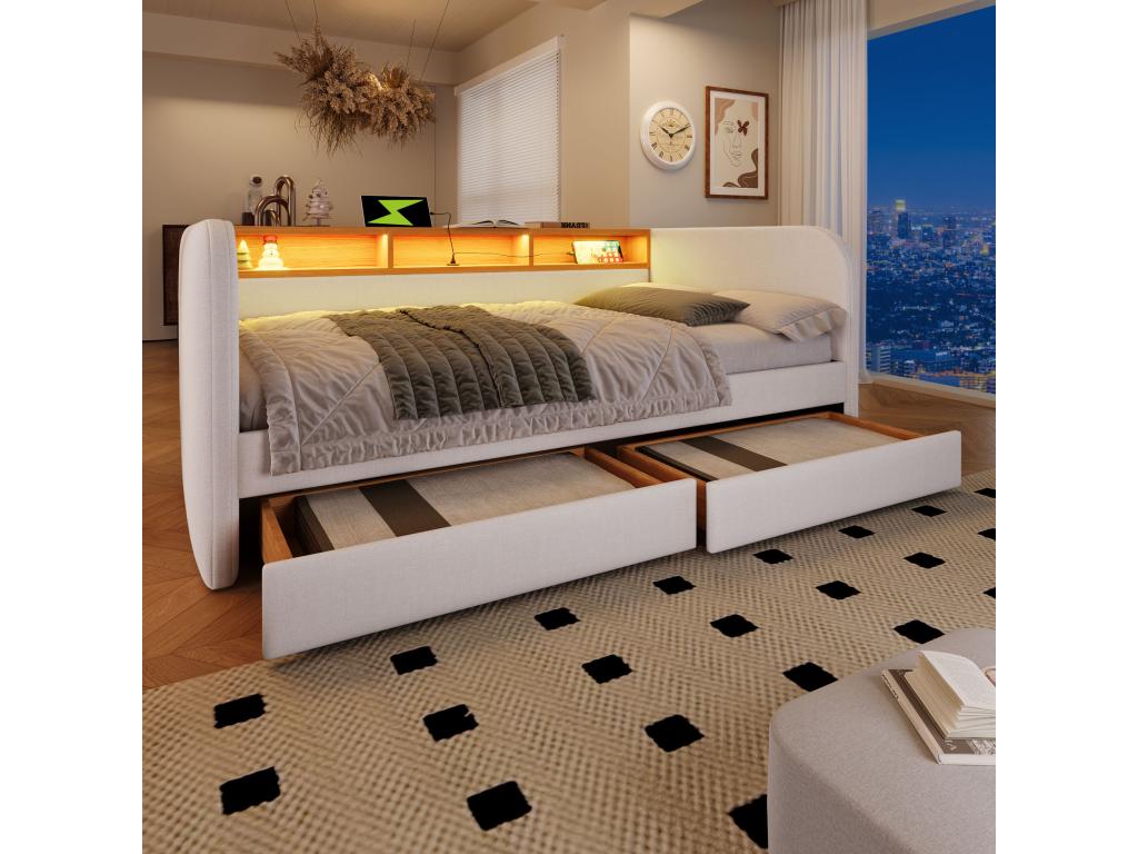 Lit capitonné 140x190 cm avec 2 tiroirs canapé-lit - LED et charge USB-C - Tissu en lin - Beige sans matelas GYLU73033