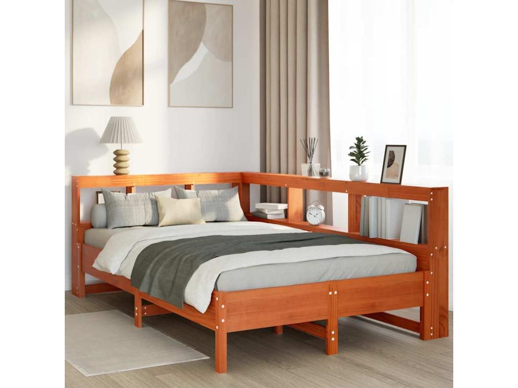 Lit bibliothèque sans matelas cire marron 120x190cm pin massif KZDH51844