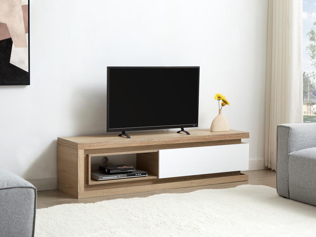 Meuble TV 1 tiroir et 1 niche avec LEDs en MDF - Naturel et Blanc laqué - Boislis TETR24387
