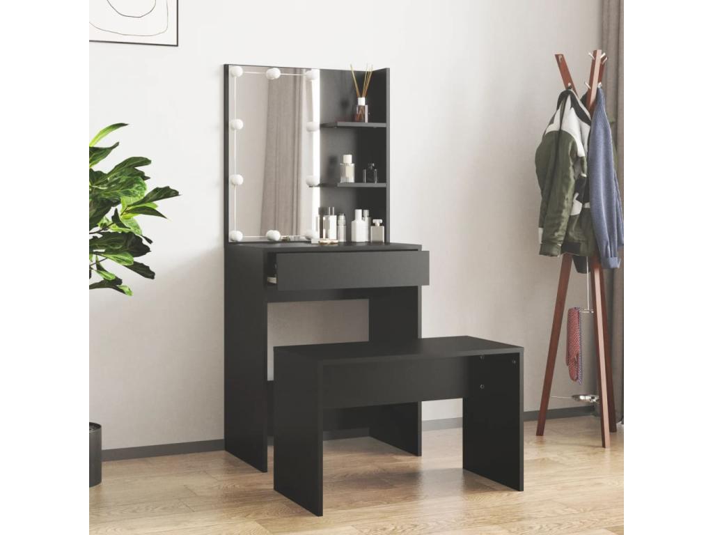 Ensemble de coiffeuse avec LED Noir Bois d'ingénierie UZFD43610