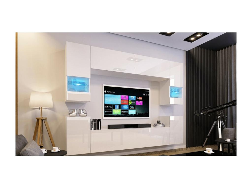 Ensemble de meubles de salon blanc suspendus collection Boislis XXVII- 240cm 8 meubles leds modulables. CERL97160