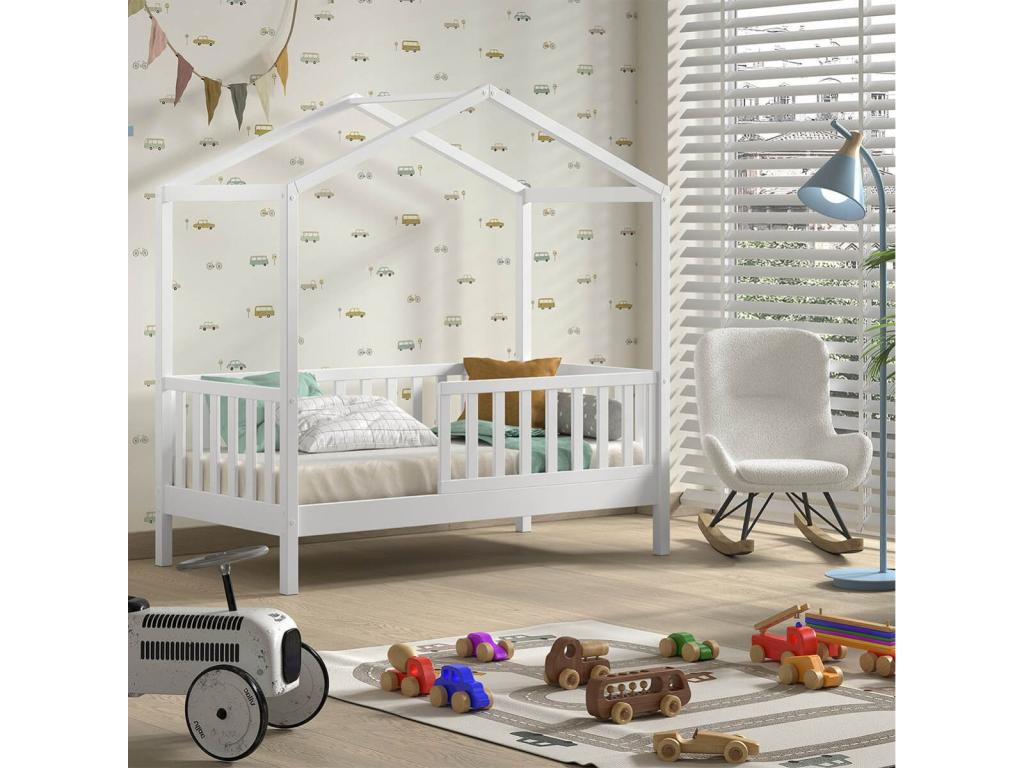 Boislis - Lit Maison Boislis à Barrières 70x140cm Pin Massif laqué Blanc QEUT89205