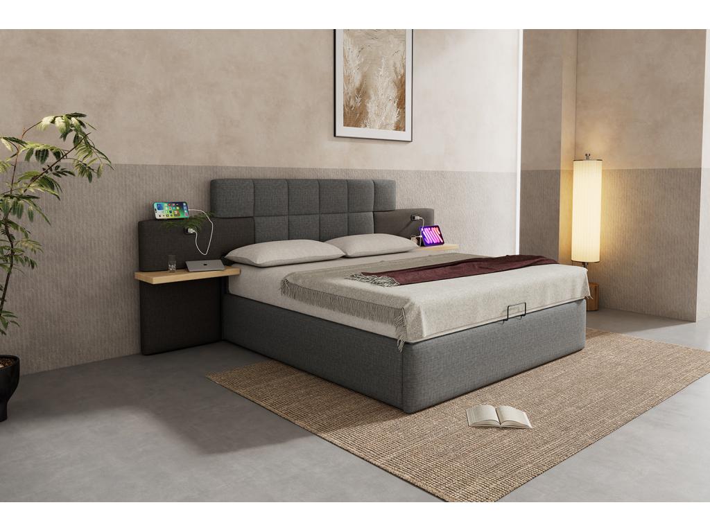 Lit coffre 180x200 cm avec tête de lit Mobenze et 2 étagères - Tissu en lin - Prise USB - Gris clair et noir Sans matelas TWSS01649