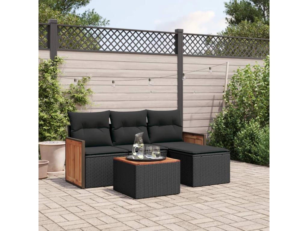 Salon de jardin 5 pièces avec coussins noir résine tressée YJWD57796