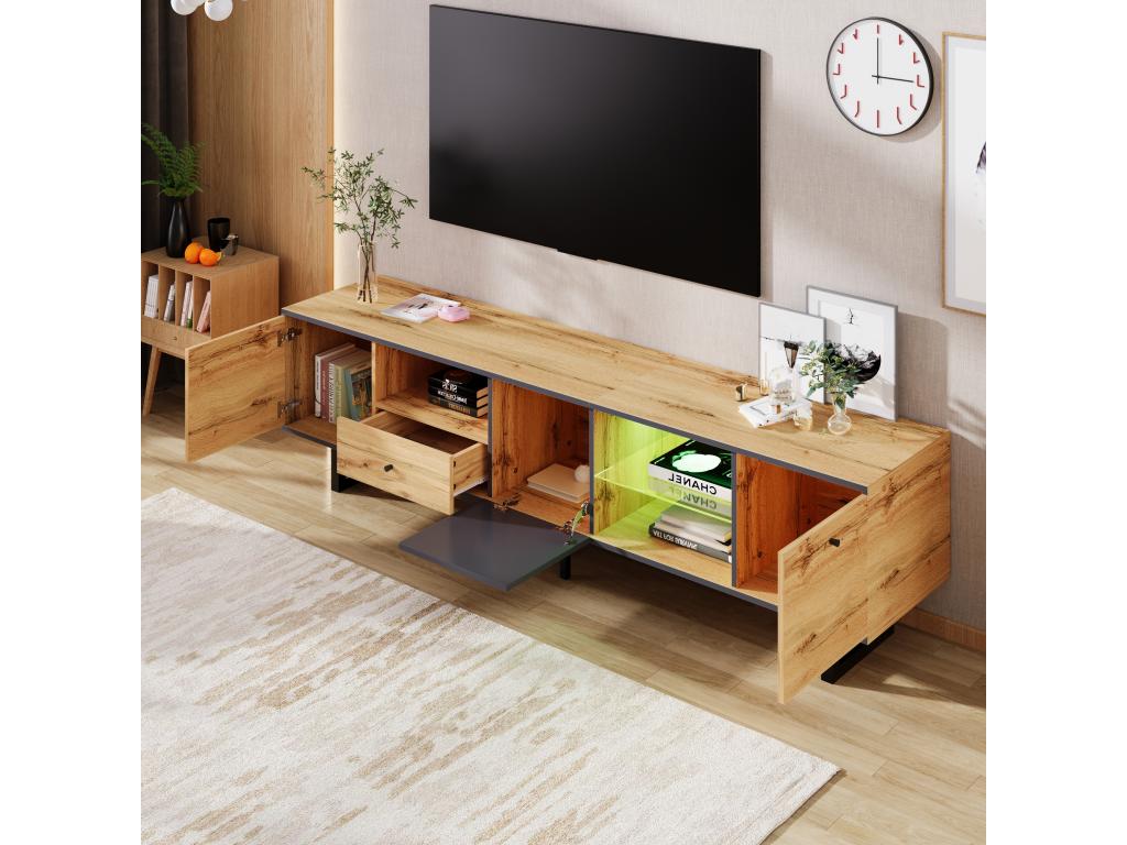 Meuble bas TV de salon avec effet de Boislisère LED cloison en verre charnière tampon design assorti aux couleurs FVET99636