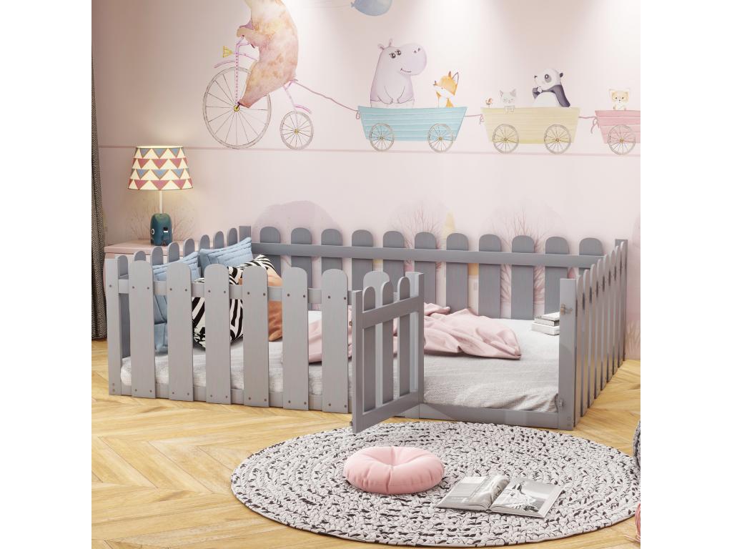 Lit enfant 140x200 cm cadre de lit en bois avec bordure et porte gris sans sommier LHEO63802