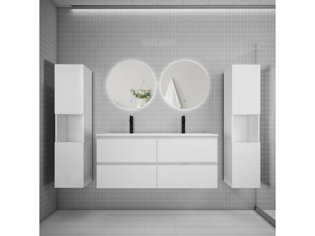 Ensemble meuble vasque L.120cm 2 tiroirs lavabo colonne LED miroir rond 60cm blanc TYLT98496