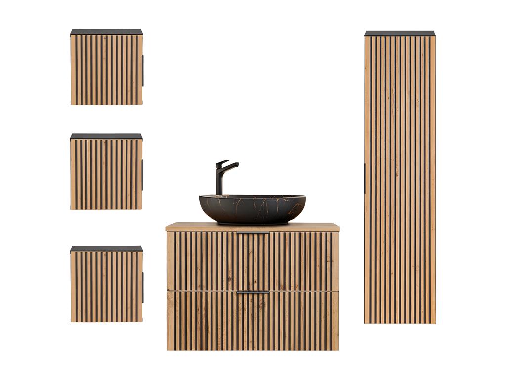 Ensemble meuble simple vasque 80cm colonne et 3 armoires murales Boislis Bois et Noir - Vasque Noir DVYW55428