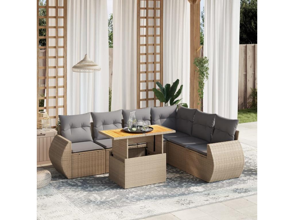 Salon de jardin avec coussins 7 pcs beige résine tressée MNPZ78451