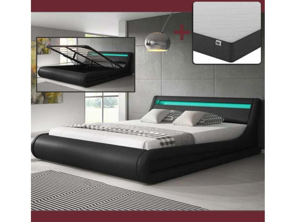 Lit double avec Coffre et Matelas 160x200cm en Noir avec LED Parisina BBIL50178