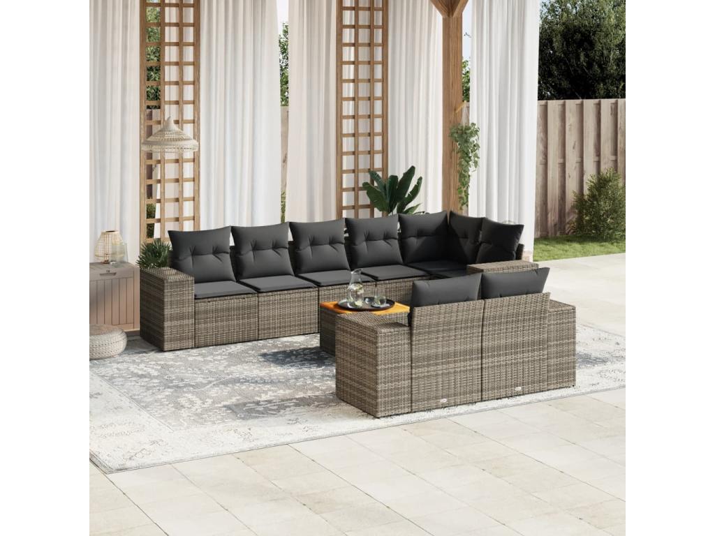 Salon de jardin 9 pcs avec coussins gris résine tressée XBPA91533