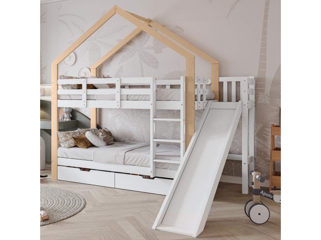 Lit superposé avec rangement - 2x90x200 cm - échelle toboggan et sommier à Boislis - naturel et blanc SBJO66592