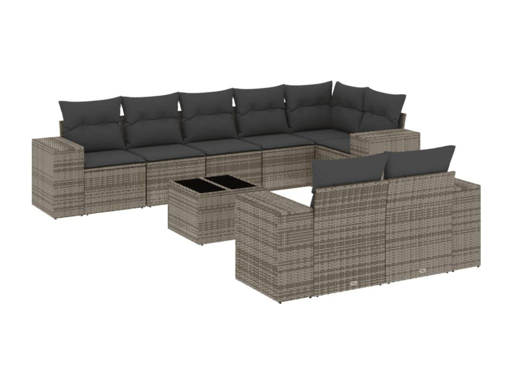 Salon de jardin 9 pcs avec coussins gris résine tressée QRXA66084