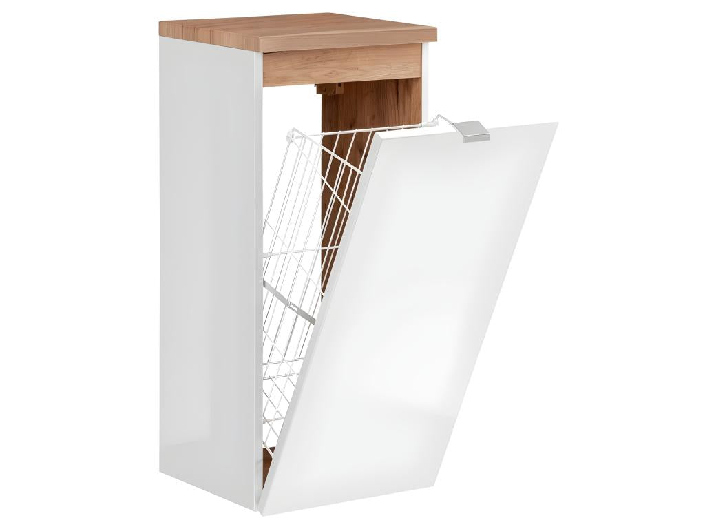 Meuble bas de salle de bain avec panier à linge inclus - Chêne artisanal doré et blanc brillant - L35-H80-P35 - Boislis NFTW99615