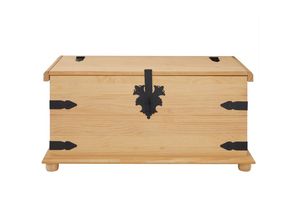 Coffre de rangement Boislis malle rectangulaire en bois style mexicain avec abattant en pin massif finition teintée et cirée MYHP67980