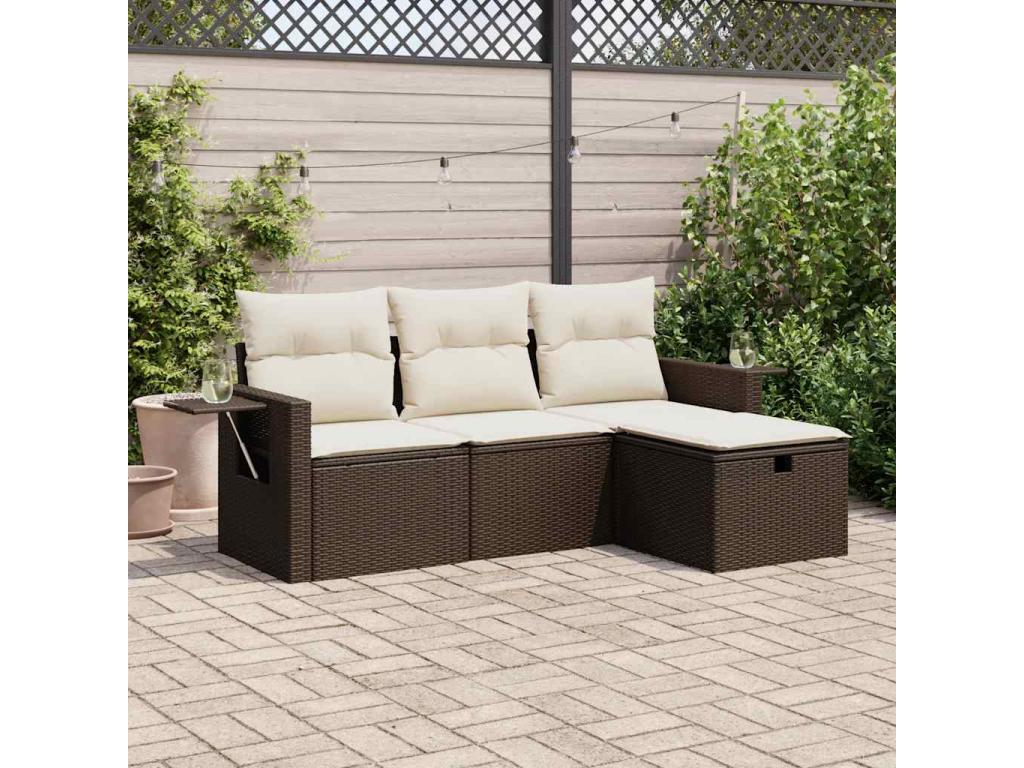 Salon de jardin 4 pièces avec coussins marron résine tressée NQMT63962