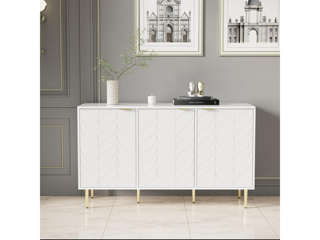 Buffet moderne avec 3 portes en motif floral - bois MDF et métal - 127x45x75 cm - blanc NATN53628