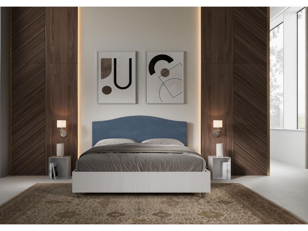 Lit avec sommier 160x190 structure frêne blanc tête de lit microfibre bleu Boislis PXRG85119